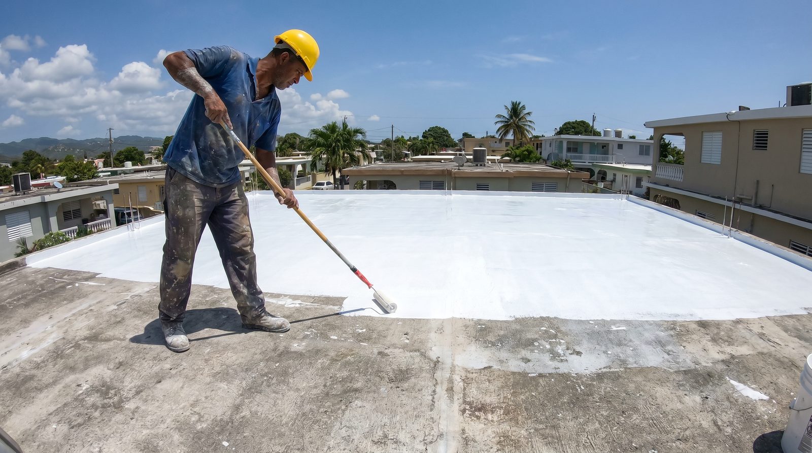 Trabajador aplicando membrana impermeabilizante en azotea residencial